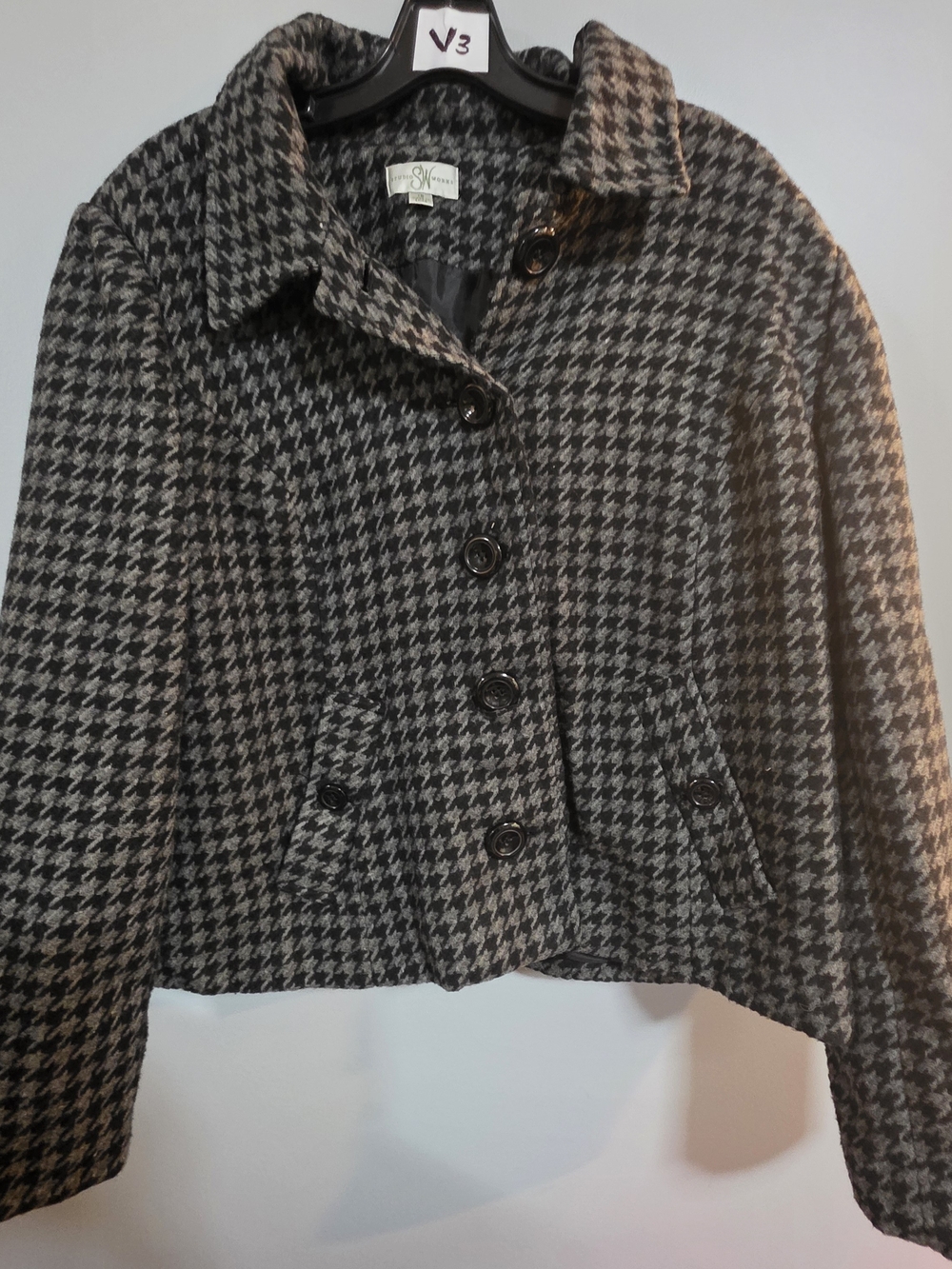 Studio Works Black and Gray Houndstooth Wool-Blend Cropped Blazer